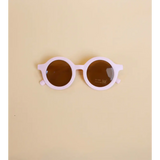 Round retro sunglasses for toddlers with pink frames and brown lenses, UV400 protection