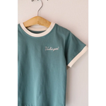 Teal Unbothered ringer tee, perfect for kids, made from soft organic cotton