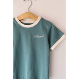 Teal Unbothered ringer tee, perfect for kids, made from soft organic cotton