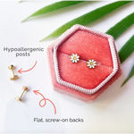 Pink velvet hexagonal ring box with Unicorn Stud Earrings for active girls in stainless steel