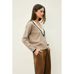 Beige Varsity Contrast Deep V Neck Sweater with black and white trim, stylish womens clothes