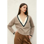 Light brown Varsity Contrast Deep V Neck Sweater with white and dark blue trim for stylish womens clothes