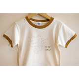 White Everyday Ringer Tee for Kids with Dove Designs and WE ARE FAMILY text