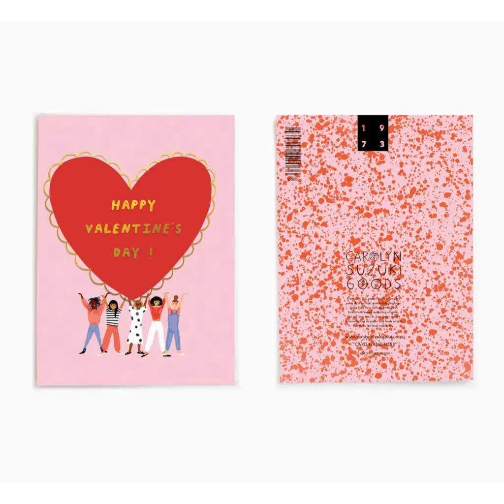 Valentine’s Day card with cartoon figures holding a heart and Happy Valentine’s Day text