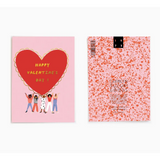 Valentine’s Day card with cartoon figures holding a heart and Happy Valentine’s Day text