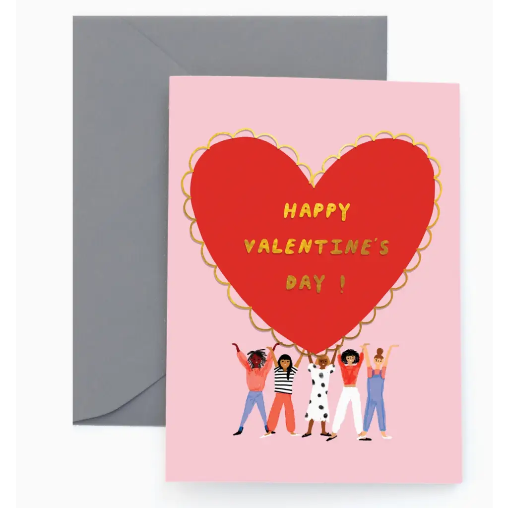 Valentine’s Day card with red heart and figures holding it, perfect for polished prints