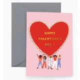 Valentine’s Day card with red heart and figures holding it, perfect for polished prints