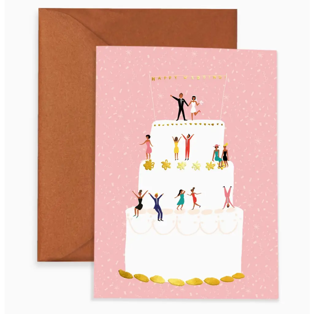 Wedding Cake illustration on a Commitment Card with dancing figures and gold coins, perfect for polished prints