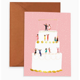 Wedding Cake illustration on a Commitment Card with dancing figures and gold coins, perfect for polished prints