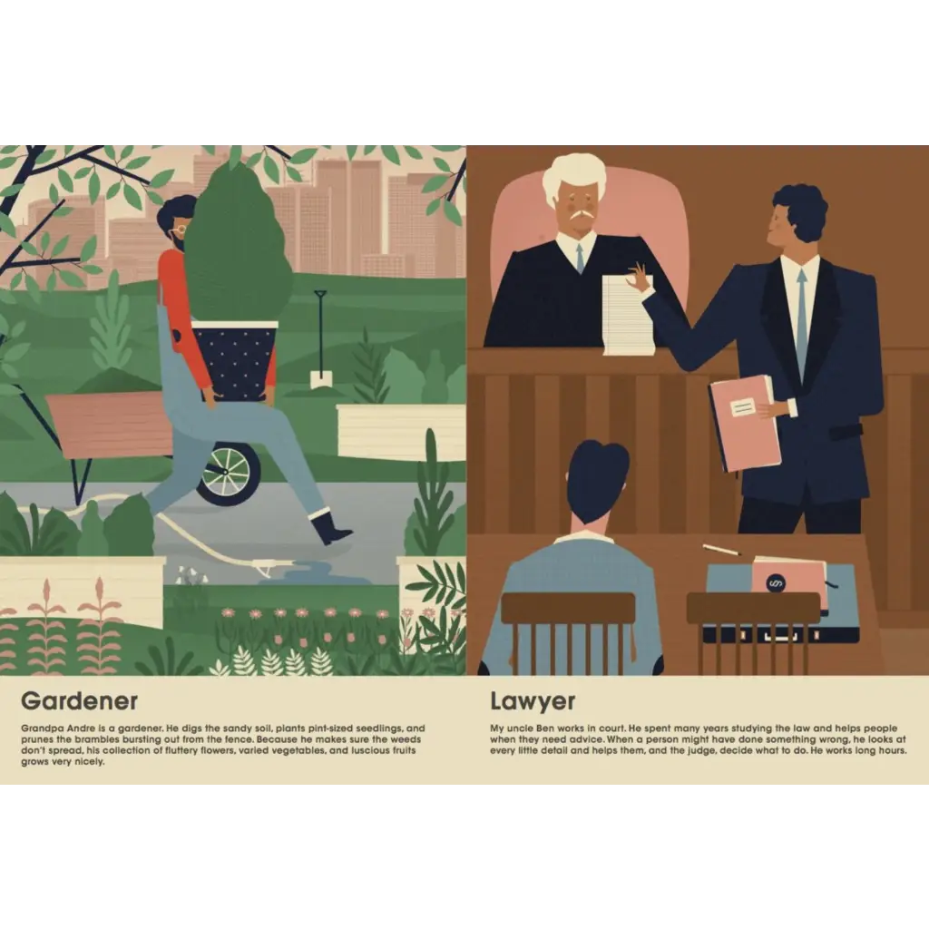Illustration comparing gardeners and lawyers in What Do Grown-Ups Do All Day? Book