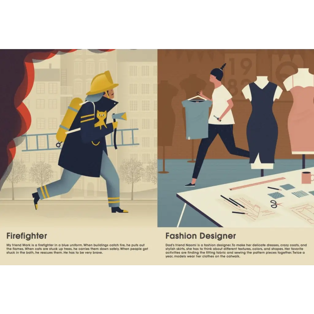 Illustrated comparison of firefighter and fashion designer careers in What Do Grown-Ups Do All Day Book