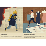 Illustrated comparison of firefighter and fashion designer careers in What Do Grown-Ups Do All Day Book