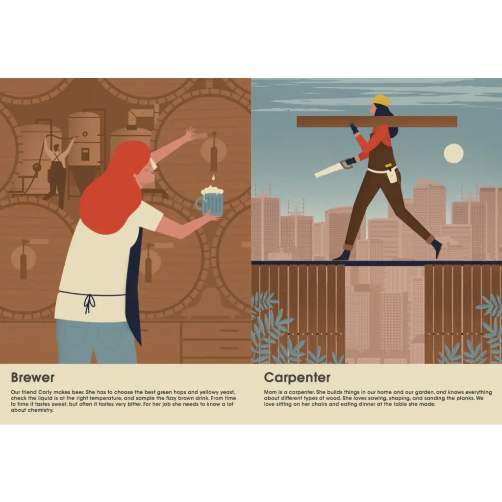 Side-by-side illustration of a brewer and carpenter at work from What Do Grown-Ups Do All Day book