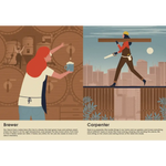 Side-by-side illustration of a brewer and carpenter at work from What Do Grown-Ups Do All Day book