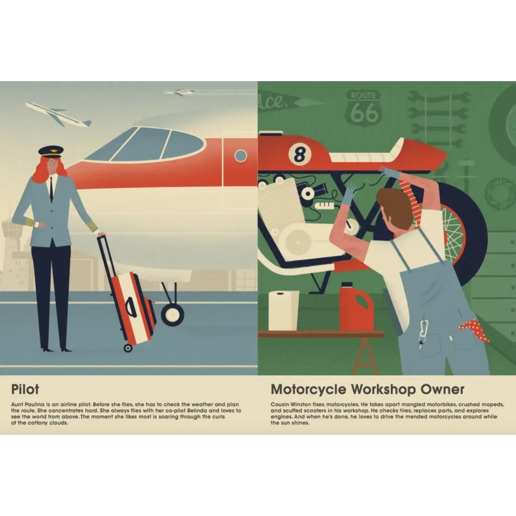 Stylized illustration of a pilot with an airplane and a motorcycle workshop owner in Edwardsville