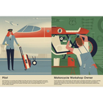Stylized illustration of a pilot with an airplane and a motorcycle workshop owner in Edwardsville