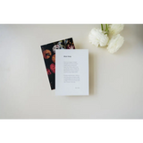 White paper card with text next to floral-patterned card, shipping featuring poetry excerpts
