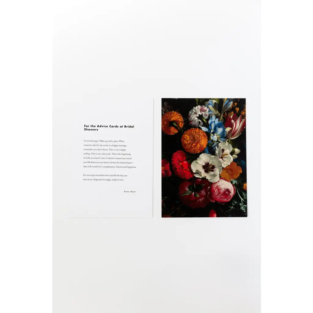 Colorful floral art print with poetry excerpts and free shipping displayed in a book