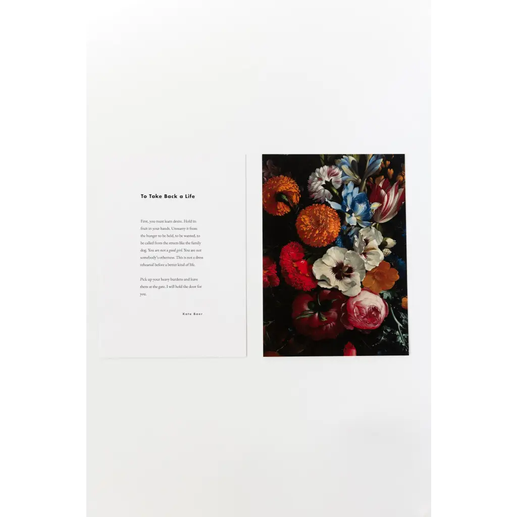 Book page with text and colorful floral art print, with free shipping featuring excerpts