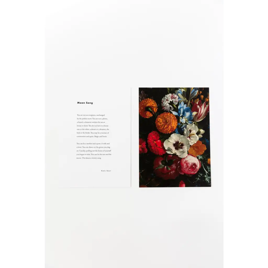 Book page with Floral Art Print and poetry excerpts, with free shipping featured