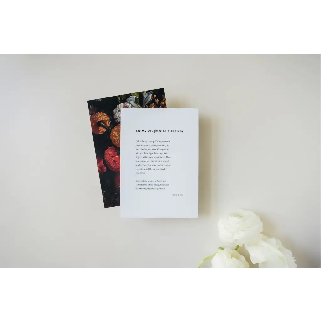 Two greeting cards stacked, showcasing Floral Art Print with Poetry Excerpts and free shipping