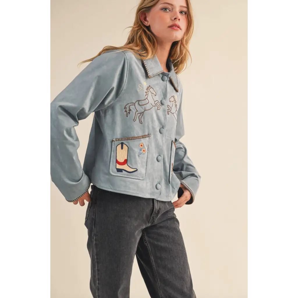 Light blue Winnie Western Embroidery Suede Jacket with embroidered horse and cowboy boot design