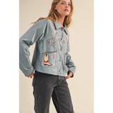 Light blue Winnie Western Embroidery Suede Jacket with embroidered horse and cowboy boot design