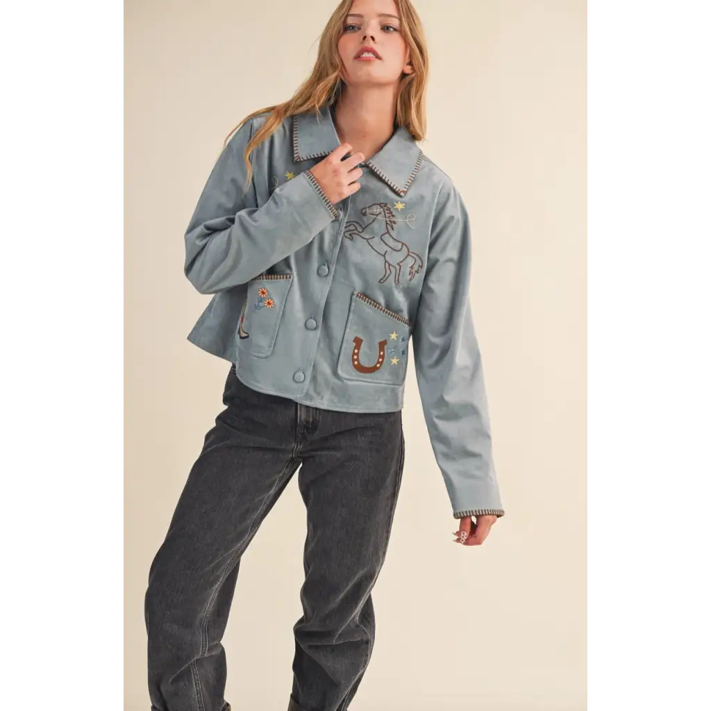 Light blue Winnie Western Embroidery Suede Jacket with embroidered horse and horseshoe design