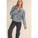 Light blue Winnie Western Embroidery Suede Jacket with embroidered horse and horseshoe design