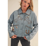 Light blue Winnie Western Embroidery Suede Jacket with embroidered horses and stars
