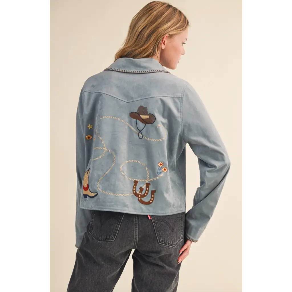 Winnie Western Embroidery Suede Jacket with cowboy hat and rope design in light blue