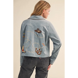 Winnie Western Embroidery Suede Jacket with cowboy hat and rope design in light blue