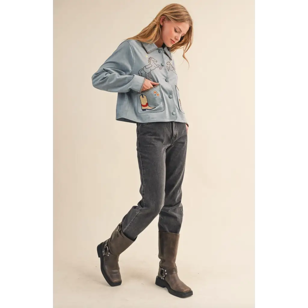 Denim jacket with western embroidery details and button closure in Winnie Western Embroidery Suede style