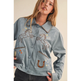 Blue western embroidery suede jacket with embroidered horses and horseshoes, brown trim