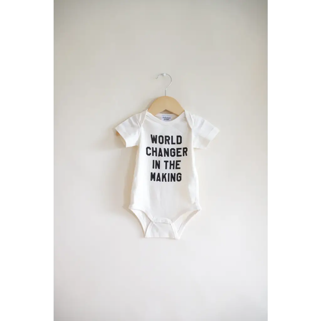 Cute White Baby Onesie in Organic Cotton saying WORLD CHANGER IN THE MAKING