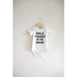 Cute White Baby Onesie in Organic Cotton saying WORLD CHANGER IN THE MAKING