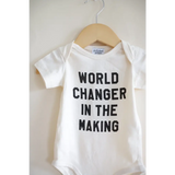 Adorable World Changer Baby Onesie in organic cotton, perfect for little ones ready to inspire