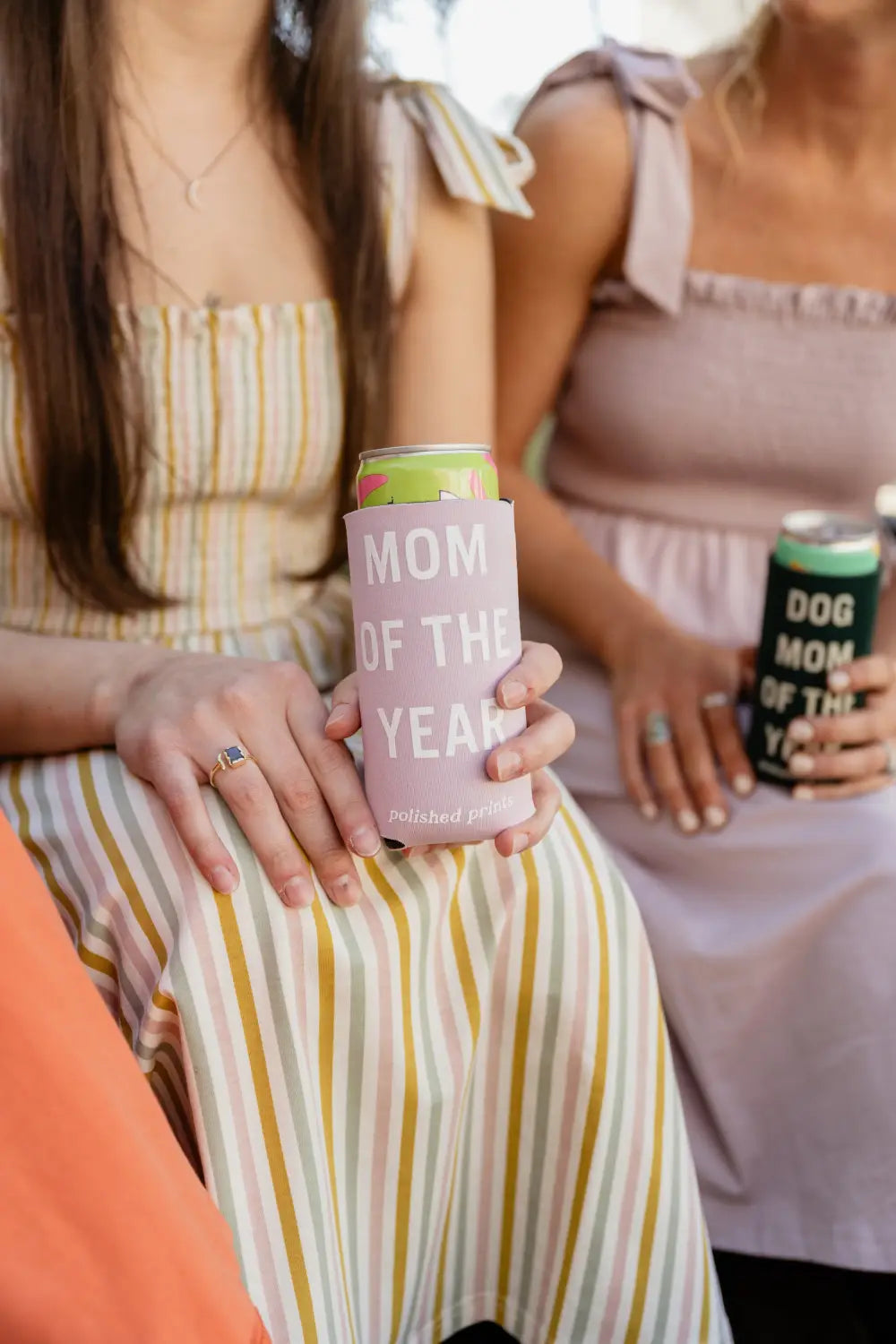 Pink Mom of the Year beverage can in Chill Finds with Peace Signs Camp Flag and Seltzer Koozie.