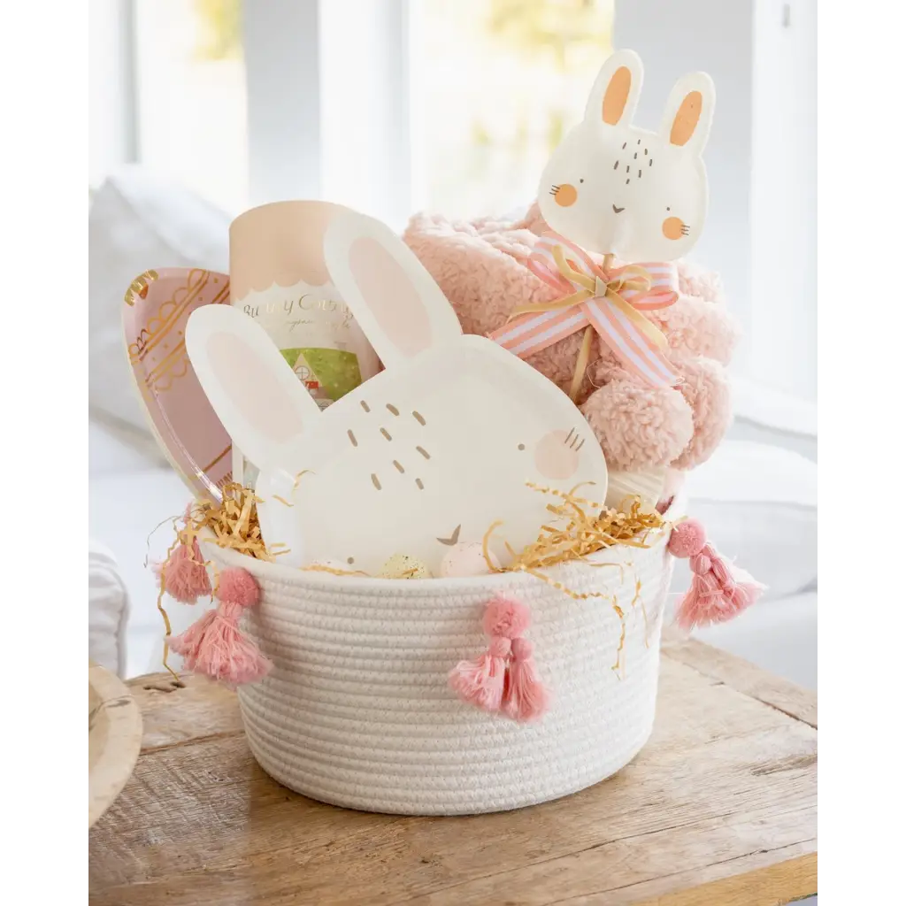 Cute bunny-themed baby gift basket from Easter Basket Fixins perfect for stylish moms.