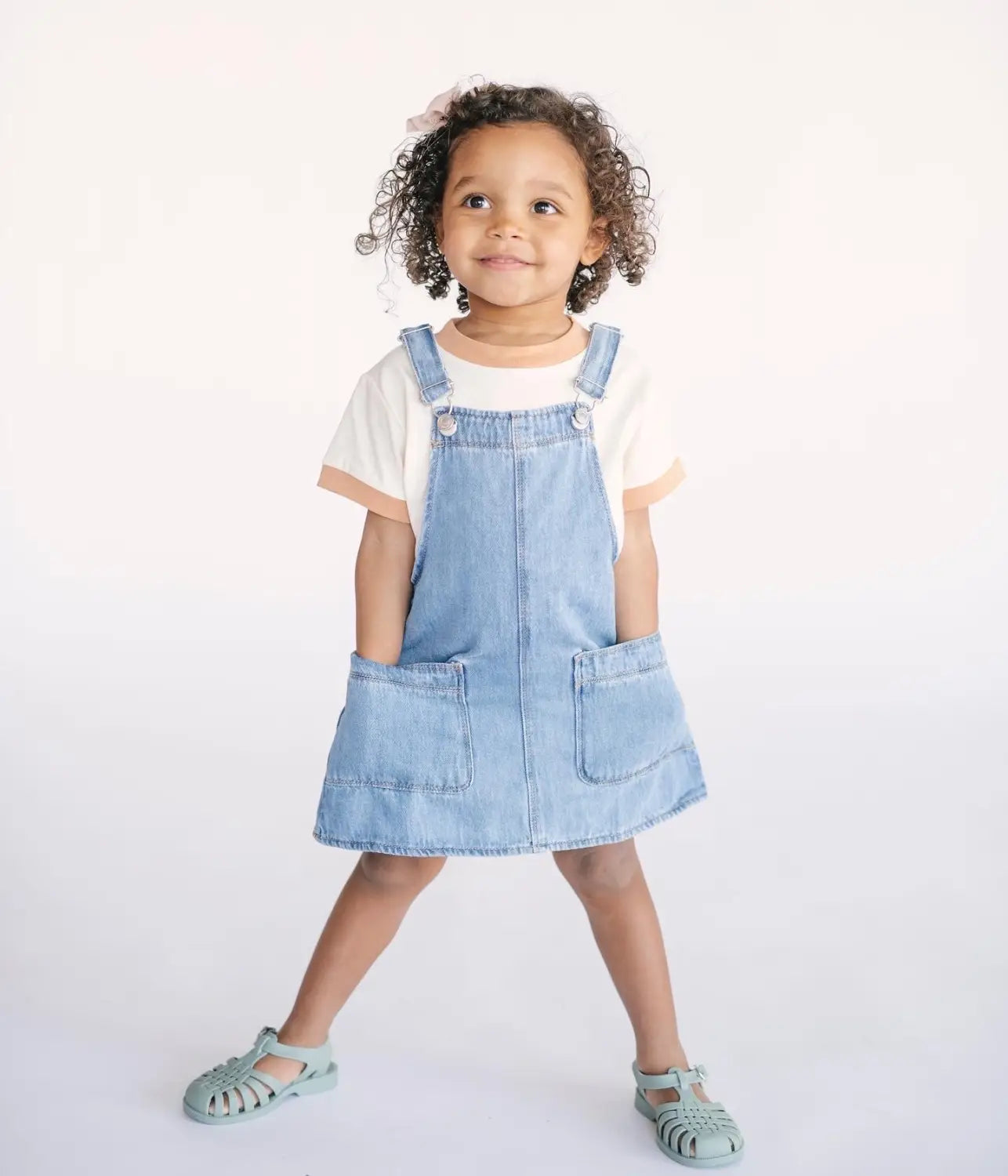 Cute Denim Overall Dress with White T-Shirt and Blue Sandals for Trendy Kids Outfits