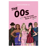 Pink trivia book with pop culture cartoon characters from 00s Quizpedia style