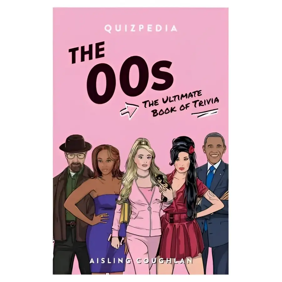 Pink trivia book with pop culture cartoon characters from 00s Quizpedia style