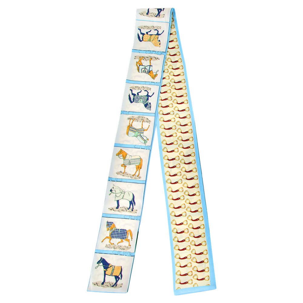 Equestrian-inspired Horse Frame Pattern Print Silk Feel Twilly Skinny Scarf