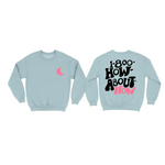 Pink moon design on light blue 1-800-How-About-Now sweatshirt, stylish womens clothes