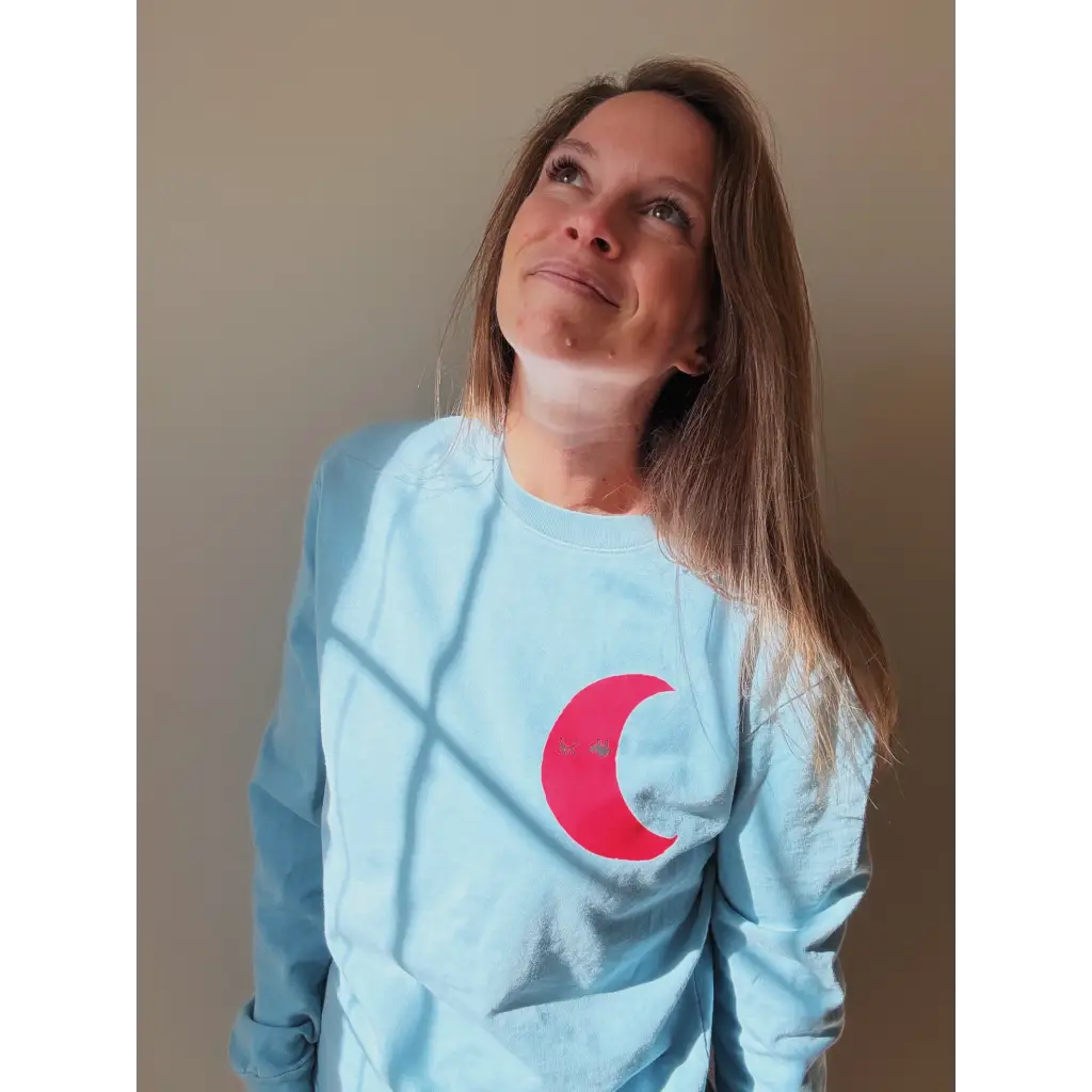 Light blue pullover sweatshirt with red crescent moon, free shipping