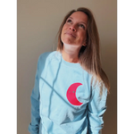 Light blue pullover sweatshirt with red crescent moon, free shipping