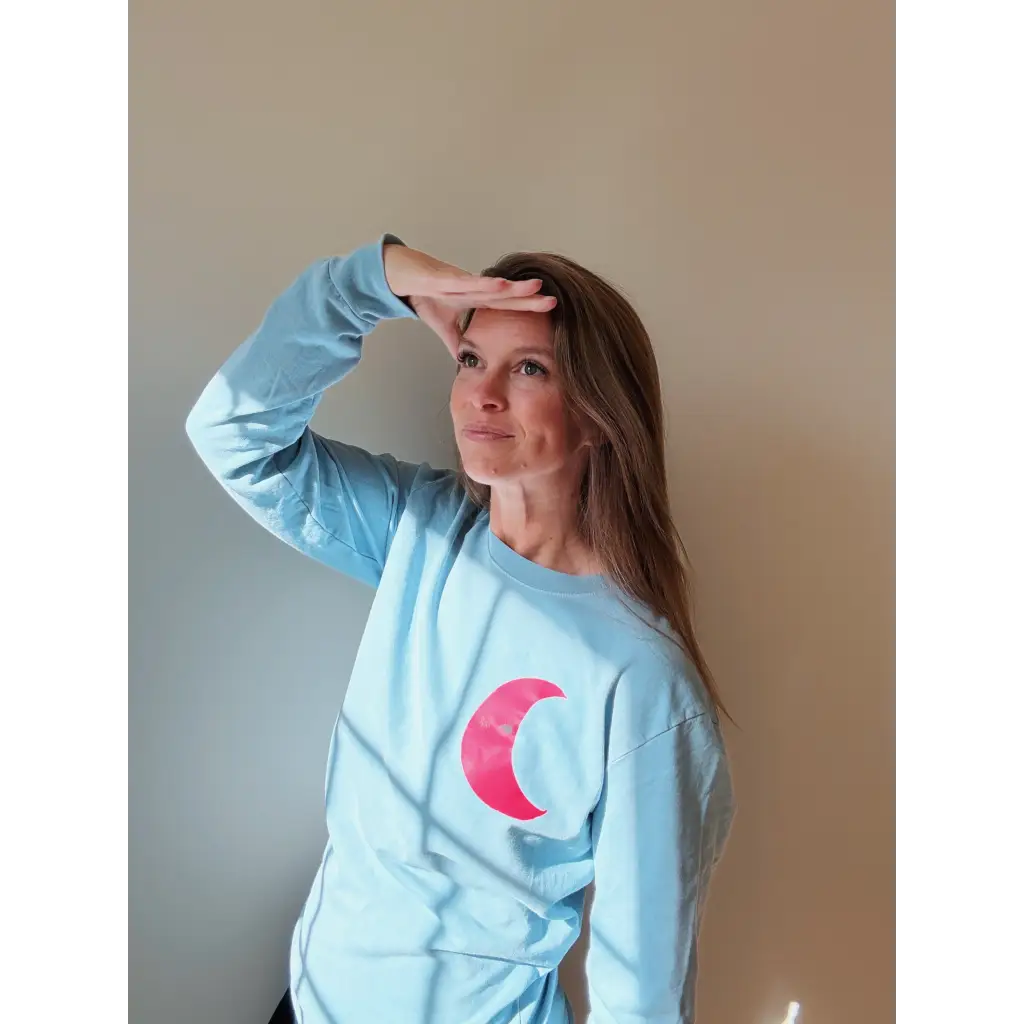 Light blue pullover sweatshirt with pink moon by Kate Baer, free shipping