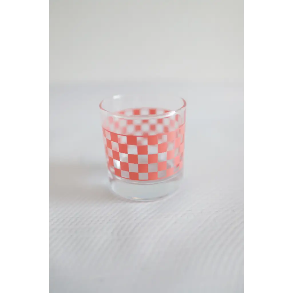 Vibrant 11oz checkerboard cocktail glass with pink and white checkered pattern