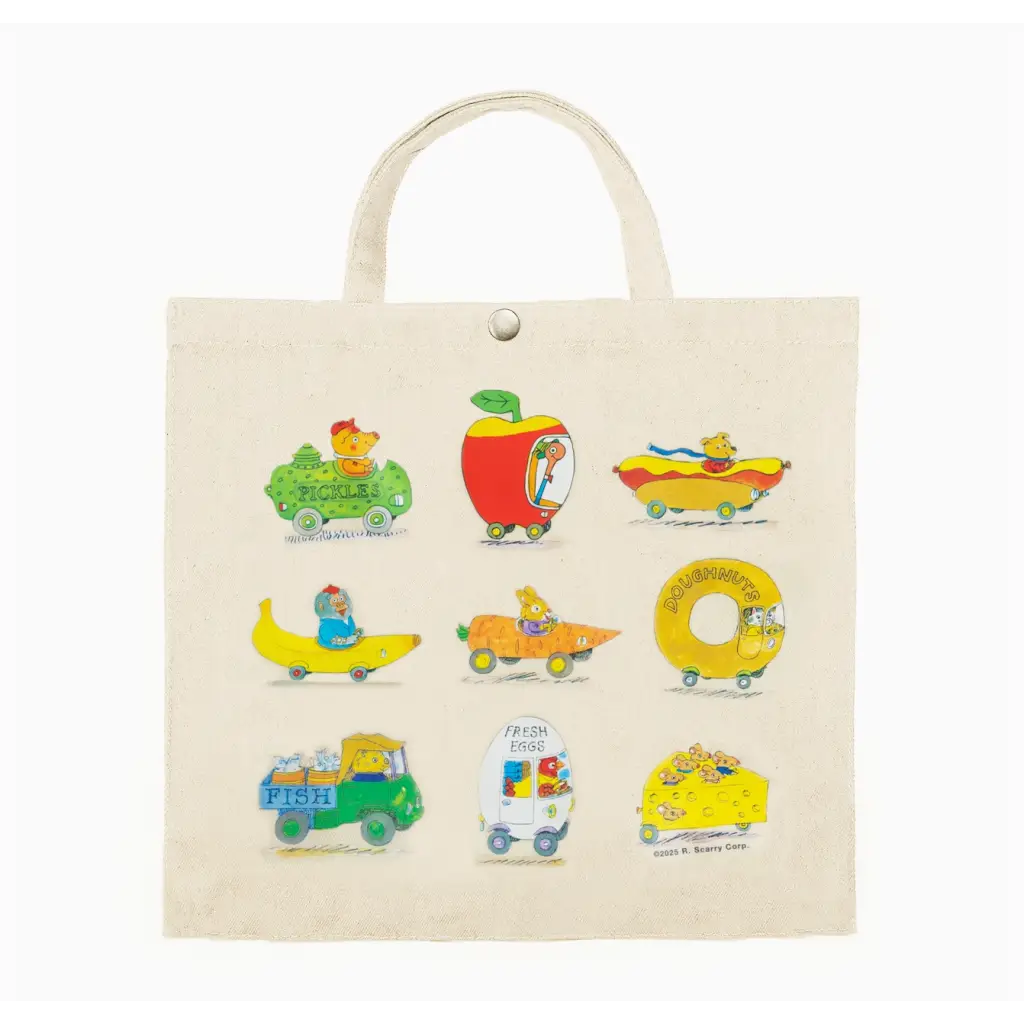 Canvas tote bag featuring Richard Scarry food-themed vehicles, perfect for stylish womens clothes