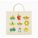 Canvas tote bag featuring Richard Scarry food-themed vehicles, perfect for stylish womens clothes